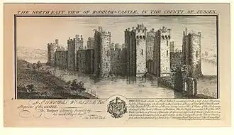 Grabado de 1737 del castillo de Bodiam en Sussex visto desde el noreste.
