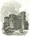 Porta nigra en Tréveris. Dibujo de Theodor Weber. Xilografía de A. Cloß.