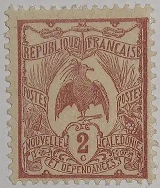 Kagu, sello postal de Nueva Caledonia, 1905
