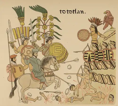 Tlacuilo Tlaxcalteca ilustra a los Tlaxcaltecas armados con espadas de acero españolas combatiendo a lado de caballería, Conquista de Tototlan en el Lienzo de Tlaxcala 1552 .