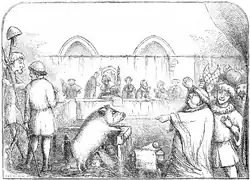Ilustración del Libro de los Días de Chambers que representa a una cerda y sus lechones siendo juzgados por el asesinato de un niño. El juicio habría tenido lugar en 1457, siendo la madre declarada culpable y los lechones absueltos.