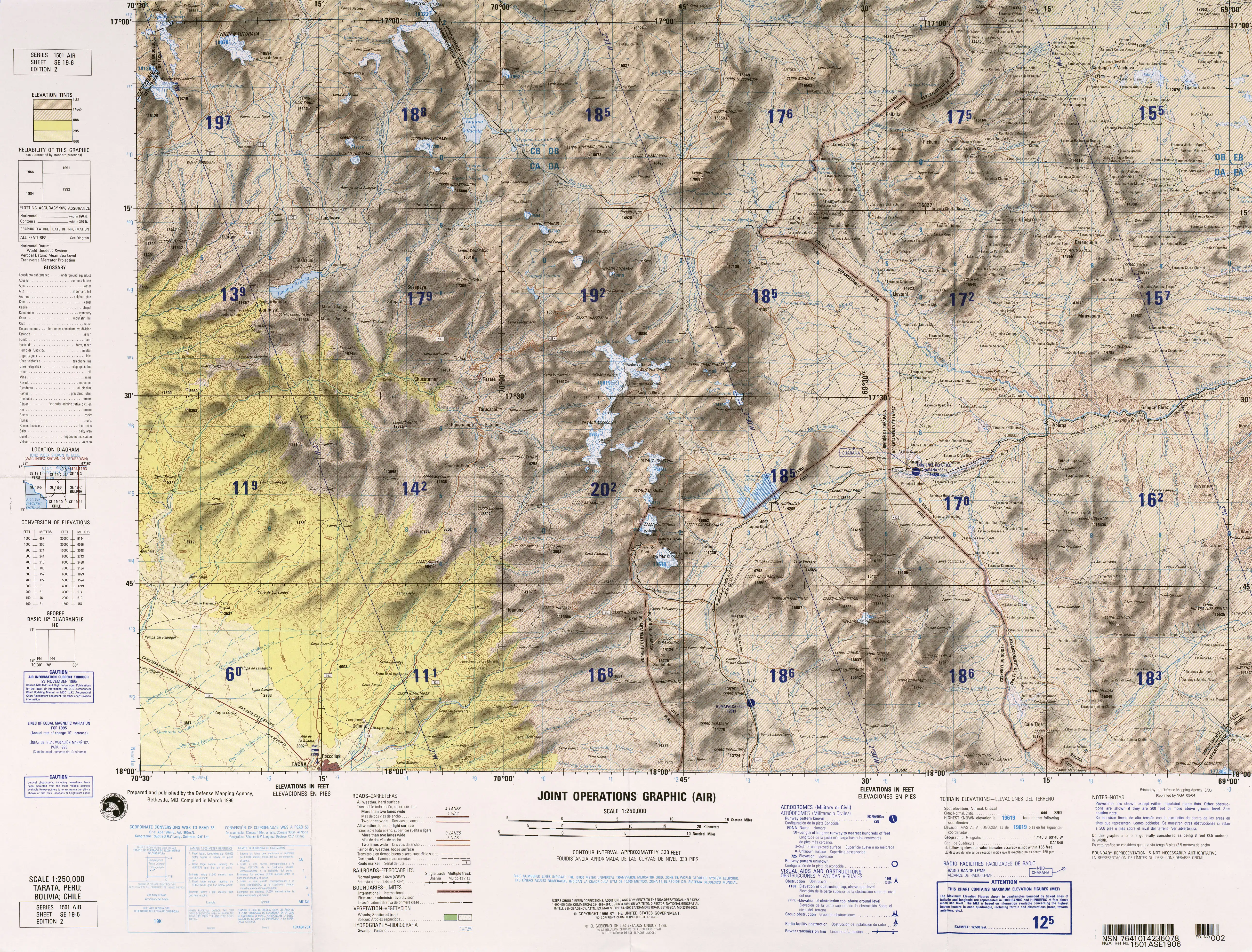 Sección del mapa estadounidense de la zona entre el río Uchusuma y la falda noroeste del volcán Tacora, con toponimia diferente a la actual.