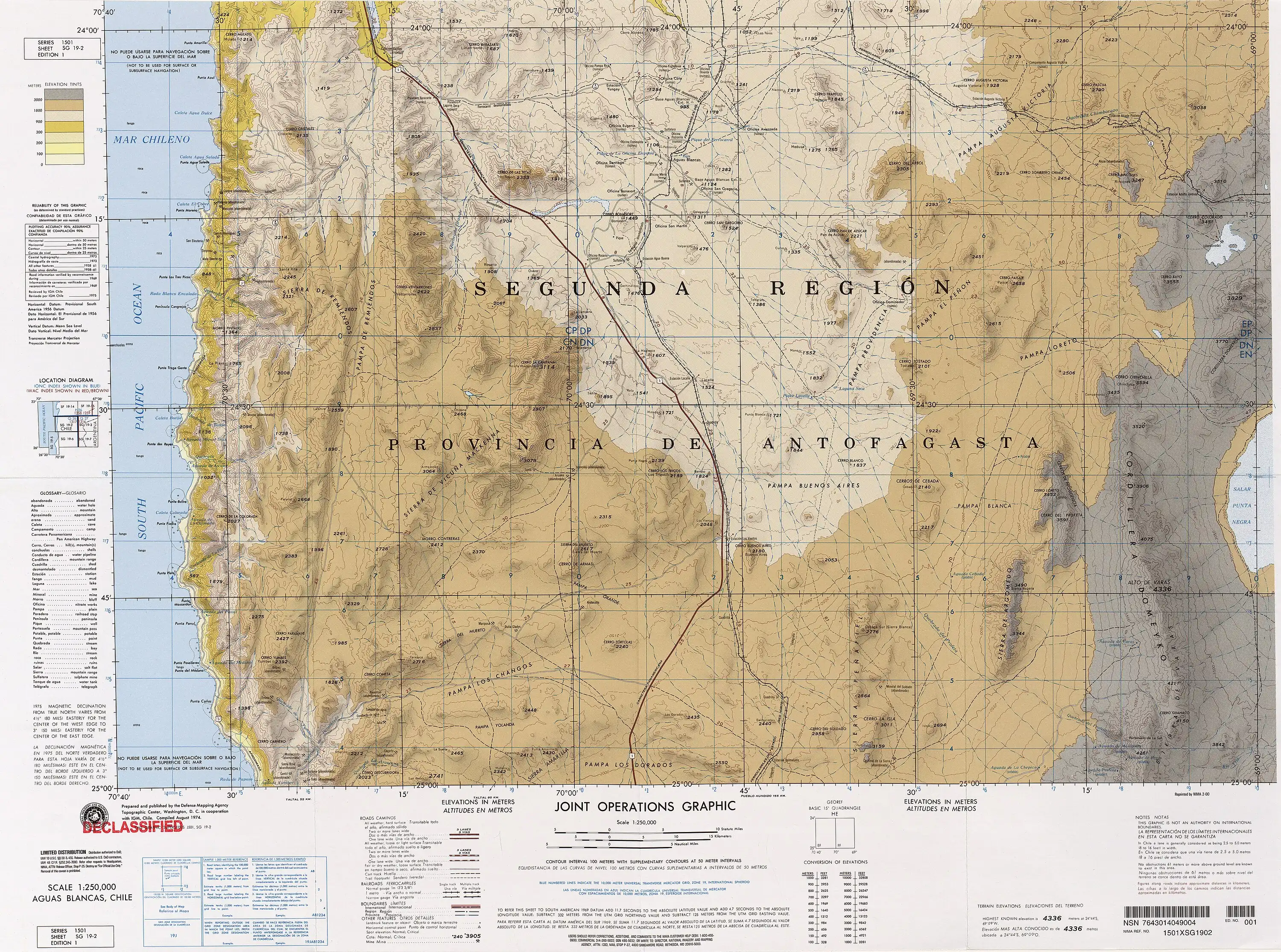 Sección de un mapa de las Fuerzas Armadas de los Estados Unidos de América compilado en agosto de 1974 con una escala de 1:250000. La quebrada del Profeta viene desde el sureste.