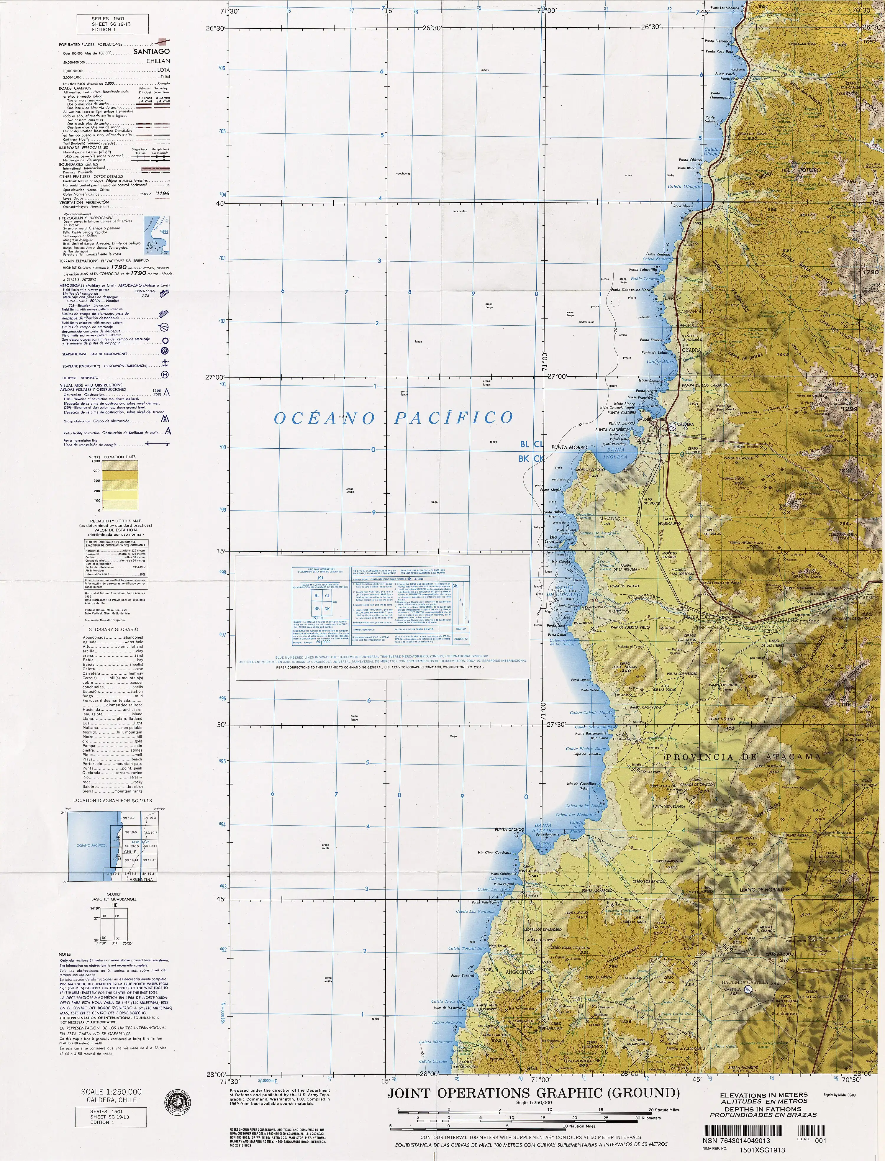 Mapa de la zona compilado en 1969 por las Fuerzas Armadas de los Estados Unidos de América con una escala de 1:250000.