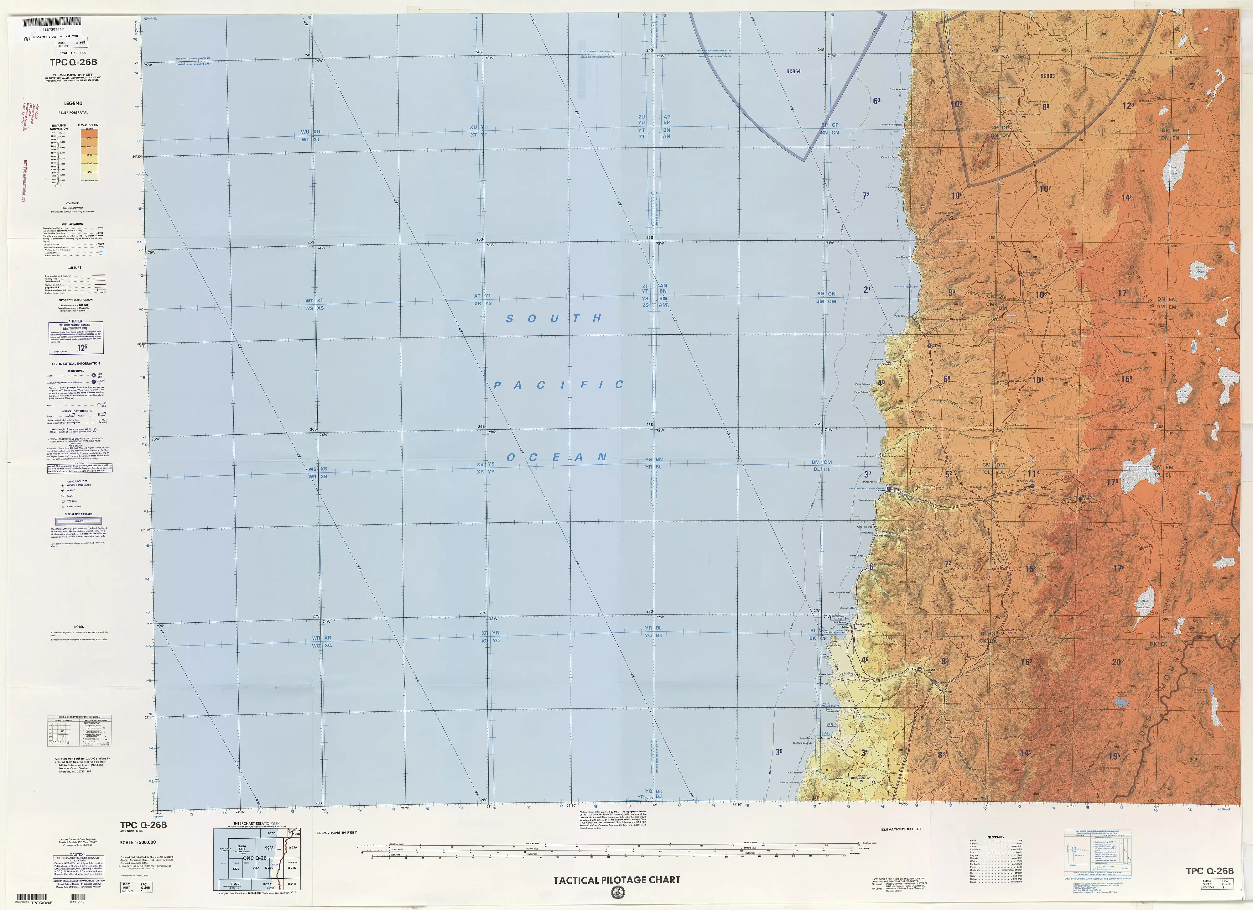 Las quebradas Taltal y San Ramón en una sección de un mapa de las Fuerzas Armadas de los Estados Unidos de América compilado en 1993 en una escala 1:500.000.