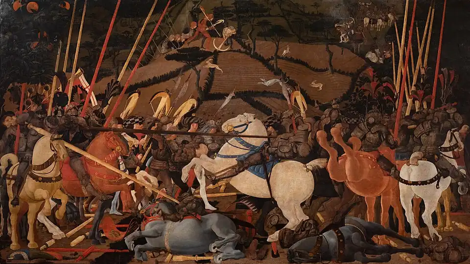 Niccolò Mauruzi da Tolentino desmonta a Bernardino della Carda[1]​ en la batalla de San Romano (c. 1435–1455), 182 × 320&nbsp;cm, Galería Uffizi de Florencia.