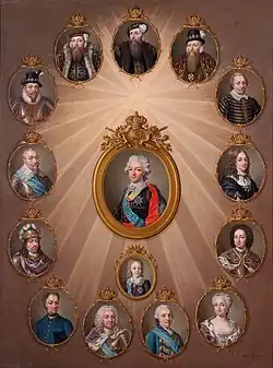 Retratos de los 15 miembros del árbol genealógico de la familia Gustavianska