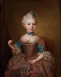 Retato de una niña sentada en una silla tejiendo, con vestido color vino y detalles dorados y azul