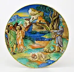 Plato con la presentación del mito de Jasón y Medea. La obra contiene en la parte posterior la firma de Francesco Xanto Avelli de Rovigo. Urbino, hacia 1531-1532.