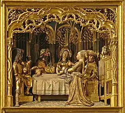 Salomé baila ante Herodes y sus invitados. Retablo de San Salvador de Valladolid.