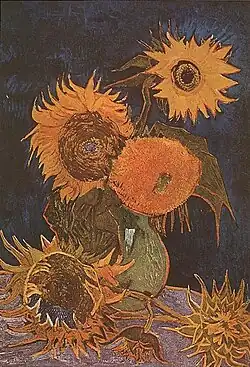 Jarrón con cinco girasoles (F459, JH1560), óleo, 98&nbsp;x&nbsp;69&nbsp;cm, Arlés, agosto de 1888. Destruido por el fuego en la Segunda Guerra Mundial el 6 de agosto de 1945.