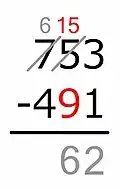 15 − 9 = … Ahora la resta funciona, y escribimos la diferencia debajo de la línea.