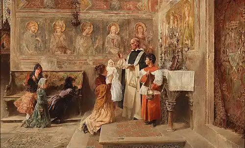 Bautismo en Asís, de Vicente Poveda, 1899. Este lugar parecía ser muy del gusto de los pintores españoles: véase una escena muy similar de José Gallegos Arnosa[73]​ y otra, muy anterior, más cercana al género "casacón" de José Jiménez Aranda.[74]​