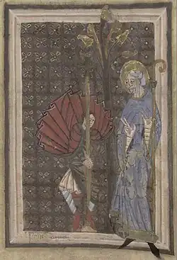 Santo Omer hace plantar una cruz a Journy ; Vida de Santo Omer ; siglo&nbsp;XI, Capítulo de la Catedral ; Ms 698. Biblioteca municipal de santo-Omer.