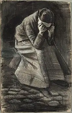 Mujer llorando (F1069, JH325), tiza negra y blanca, con retoques a pincel y lavado negro y gris; rastros de grafito, con pincel y tinta marrón sobre papel marfil, 1883, Instituto de Arte de Chicago