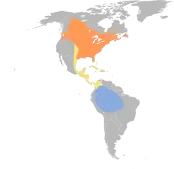 Distribución geográfica del vireo ojirrojo (excluyendo el complejo Vireo chivi).