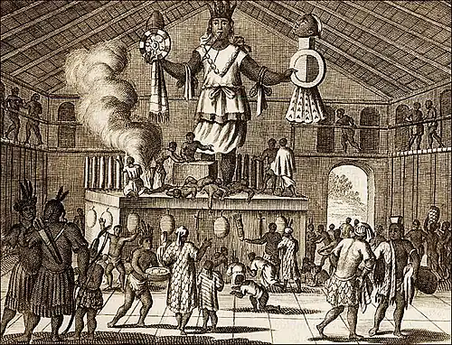 Para representar una escena de práctica religiosa en Virginia USA, Arnoldus Montanus en su obra "America" del 1671 se basa en el libro "Descripción de las Indias Occidentales" de Antonio de Herrera y Tordesillas. El artista transformó al dios mexicano en un gran ídolo y lo colocó en un espacio basado en un templo mexicano. La escena representaba de manera falsa a los nativos de Virginia con una cultura casi idéntica a la de México.[33]​