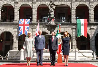 El entonces Príncipe Carlos y la Duquesa Camila junto con el presidente Enrique Peña Nieto y la Primera Dama Angélica Rivera en la Ciudad de México; noviembre de 2014.