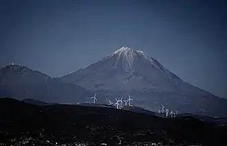 Volcán Citlaltépetl y parque eólico