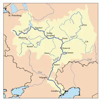 Mapa del río Volga donde sale —arriba a la derecha, a la orilla del río Kama— Perm