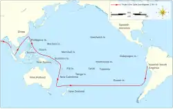 Un mapa de los océanos indios y del Pacífico que muestran la ruta simplificada de la nave de Surville Saint Jean-Baptiste