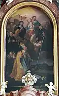 Pintura de Gabriel Weiss, 1725, con san Willibaldo arrodillado y sus hermanos ante la Madre de Dios (Waldburg, St. Magnus)