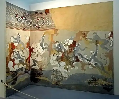 Fresco minoico con monos azules encontrado en Acrotiri.