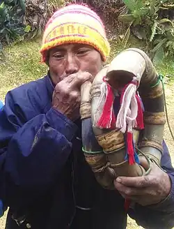 Músico tocando el huacrapuco de la sierra