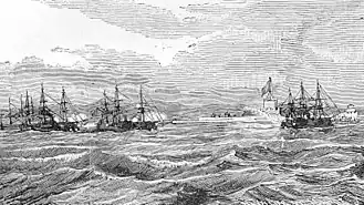 Barcos de guerra franceses desplegados fuera de los fuertes Thuận An, 18 de agosto de 1883