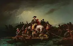 Washington cruzando el Delaware, de George Caleb Bingham, 1856-71 (pintura de historia). La escena había sido tratada anteriormente, en estética romántica, por el germano-estadounidense Emanuel Gottlieb Leutze (Washington cruzando el Delaware, 1851).