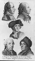 1. General George Washington 2. General Horatio Gates 3. Dr. Benjamin Franklin 4. Henry Laurens 5. John Paul Jones. 1784.
