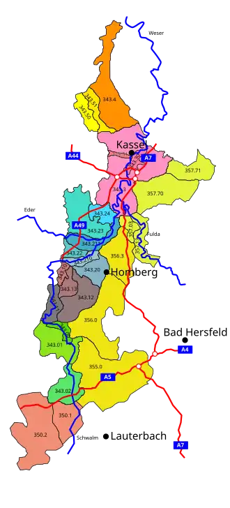 Hessengau corresponde aproximadamente a las regiones marcadas con 343.2.