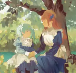 Wikipe-tan, la mascota no oficial de Wikipedia, está sentada en un entorno de parque con una versión adulta de su hermana, Commons-tan. Las dos se toman de la mano, y Commons-tan mira hacia abajo a Wikipe-tan. Ambas están sonrojadas.