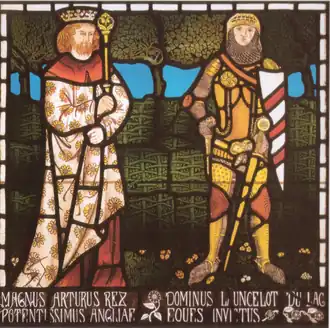 El rey Arturo y Sir Lancelot, de los paneles de vidrieras de Tristram e Isoude, diseñados por William Morris (1862)