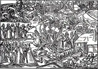 Grabado con diferentes escenas de brujerías: duendes, animales vestidos como hombres, ataques de lobos, hogueras.