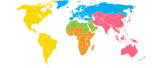 Mapa que muestra las divisiones regionales de la Asociación Mundial de las Muchachas Guías y las Guías Scouts—en gris países sin la organización.