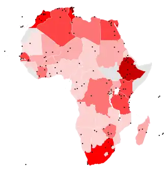 apa de los sitios Patrimonio de la Humanidad en África por estado. Las zonas del norte, este y sur del continente tienen una densidad elevada de sitios. En cambio, la costa oeste tiene pocos.