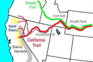 La ruta principal de Oregon Trail (línea verde) y el camino de California (línea roja ancha), incluyendo la ruta Applegate (delgada línea roja al norte).Main route of Oregon Trail (green line) and California Trail (thick red line), including Applegate Trail (northernmost thinner red line)