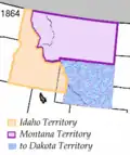 Partición del territorio de Idaho en 1865. La zona azul se convirtió en parte del territorio de Dakota, y última parte del territorio de Wyoming.