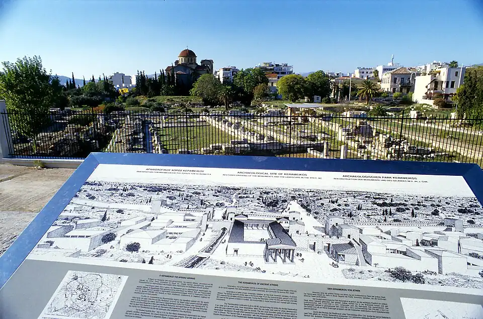 Pompeion al centro con su propileos. Puerta Sagrada y Erídano a la izquierda, Dípilon a la derecha. Alrededor del año 300 a. C.