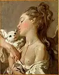 Jovencita con un cachorro [o gato o juguete de peluche] en brazos, alrededor de 1770, Museo Langmatt, Baden AG.