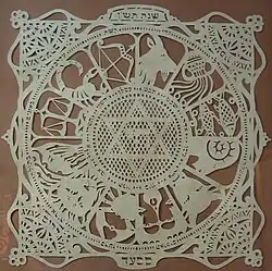 Estrella de David rodeada por los símbolos zodíacos en composición compleja, que incluye inscripciones hebreas y ornatos, silueta en papel recortado, 2008.[18]​