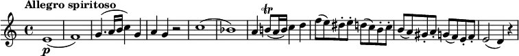 \relative c'' {
\version "2.18.2"
\key c \major
\time 4/4
\tempo "Allegro spiritoso"
\tempo 4 = 140
e,1\p ( f )
g4. (a16 b c4) g
a g r2
c1 (bes)
a4 b!8\trill (a16 b) c4 d
f8 (e) dis-. e-. d (c) b-. c-.
b (a) gis-. a-. g (f) e-. f-.
e2 (d4) r4
}