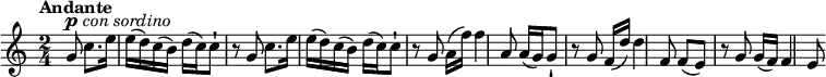 \relative c' {
\key c \major
\time 2/4
\tempo "Andante"
\partial 4. g'8^\markup { \dynamic p \hspace #0.1 \italic { con sordino } }
c8. e16 e (d) c (b)
d (c) c8-! r8 g8
c8. e16 e (d) c (b)
d (c) c8-! r8 g8
a16 (f') f4 a,8
a16 (g) g8-! r8 g
f16 (d') d4 f,8
f (e) r8 g
g16 (f) f4 e8
}