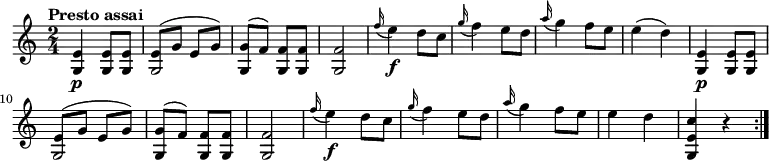 \relative c'' {
\version "2.18.2"
\clef "treble"
\key c \major
\time 2/4
\tempo "Presto assai"
<g, e'>4 \p <g e'>8 <g e'>
<<{e'8^(g e g)} {g,2}>>
<g g'>8 ^(f') <g, f'> <g f'>
<g f'>2
\grace f''16 (e4) \f d8 c
\grace g'16 (f4) e8 d
\grace a'16 (g4) f8 e
e4 (d)
<g,, e'>4 \p <g e'>8 <g e'>
<<{e'8^(g e g)} {g,2}>>
<g g'>8 ^ (f') <g, f'> <g f'>
<g f'>2
\grace f''16 (e4) \f d8 c
\grace g'16 (f4) e8 d
\grace a'16 (g4) f8 e
e4 d
<g,, e' c'>4 r4 \bar ":|."
}