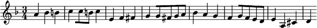 
\relative c'' { \key d \minor \time 3/4 a bes b c [c8 b] c4 e, f fis g [g8 fis g a] bes4 a g f [g8 f e d] e4 a, cis d }
