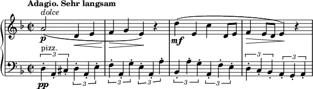 \relative c'' {
\new PianoStaff <<
\new Staff {
\set Staff.midiInstrument = #"piano" \key f \major \clef treble \time 2/2 \set Score.tempoHideNote = ##t \tempo "Adagio. Sehr langsam" 2 = 22
a2 ^\markup \italic { "dolce" } \p ( d,4 \< e4 |
f4 \! \> g4 e4 ) \! r4 |
d'4 \mf ( e,4 c'4 d,8 e8 |
f4 \> e8 d8 e4 ) \! r4 |
}
\new Staff {
\set Staff.midiInstrument = #"piano" \key f \major \clef bass \time 2/2
\times 2/3 {
d,4 \pp ^"pizz." -. a4 -. cis4 -.
}
\times 2/3 {
d4 -. a4 -. e'4 -.
} |
\times 2/3 {
f4 -. a,4 -. g'4 -.
}
\times 2/3 {
e4 -. a,4 -. a'4 -.
} |
\times 2/3 {
bes,4 -. a'4 -. g4 -.
}
\times 2/3 {
a,4 -. f'4 -. e4 -.
} |
\times 2/3 {
d4 -. c4 -. bes4 -.
}
\times 2/3 {
a4 -. g4 -. a4 -.
} |
}
>>
}