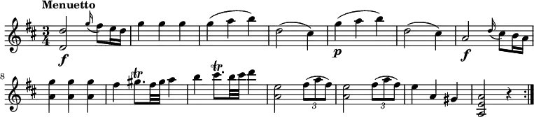 \relative c' {
\version "2.18.2"
\key d \major
\tempo "Menuetto"
\tempo 4 = 120
\time 3/4
<d d'>2 \f \grace g'16 (fis8) e16 d
g4 g g
g (a b)
d,2 (cis4)
g'\p (a b)
d,2 (cis4)
a2 \f \grace d16 (cis8) b16 a
<a g'>4 <a g'> <a g'>
fis' gis8. \trill fis32 gis a4
b cis8.\trill b32 cis d4
<a, e'>2 \tuplet 3/2 {fis'8 (a fis)}
<a, e'>2 \tuplet 3/2 {fis'8 (a fis)}
e4 a, gis
<a, e' a>2 r4\bar ":|."
}