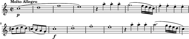 
\relative c'' {
  \version "2.18.2"
    \set Staff.midiInstrument = "string ensemble 2"
    \key c \major
    \time 2/2
    \tempo "Molto Allegro"
    \tempo 4 = 210
  c1\p ( d f e)
  r4  a4-. a-. a-.
   g2. (f16 e d c)
   f4-.  f-.  e-. e-.
   cis8 (d e d) c (b a g)
  c1-.\f  d-. f-. e-.
  r4  a4-. a-. a-.
   a2. (g16 f e d c4)
  }
