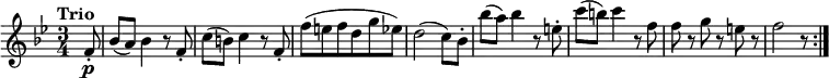 \relative c' {
\version "2.18.2"
\key bes \major
\time 3/4
\tempo "Trio"
\partial 8 f8-.\p
bes (a) bes4 r8 f8-.
c' (b) c4 r8 f,8-.
f' (e f d g ees)
d2 (c8) bes8-.
bes' (a) bes4 r8 e,8-.
c' (b) c4 r8 f,8
f r8 g r8 e! r8
f2 r8 \bar ":|."
}